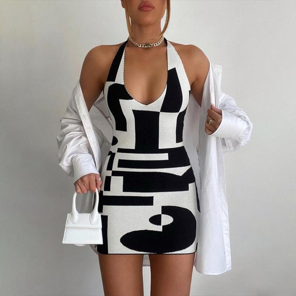 Peppermayo Exclusive The Groove Knit Halter Dress - Black and White Geo